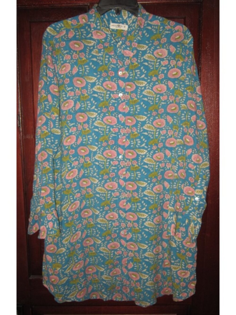 Natural Life M Shirt Dress Tunic Floral Print Blue Pockets Button Flowy Rayon
